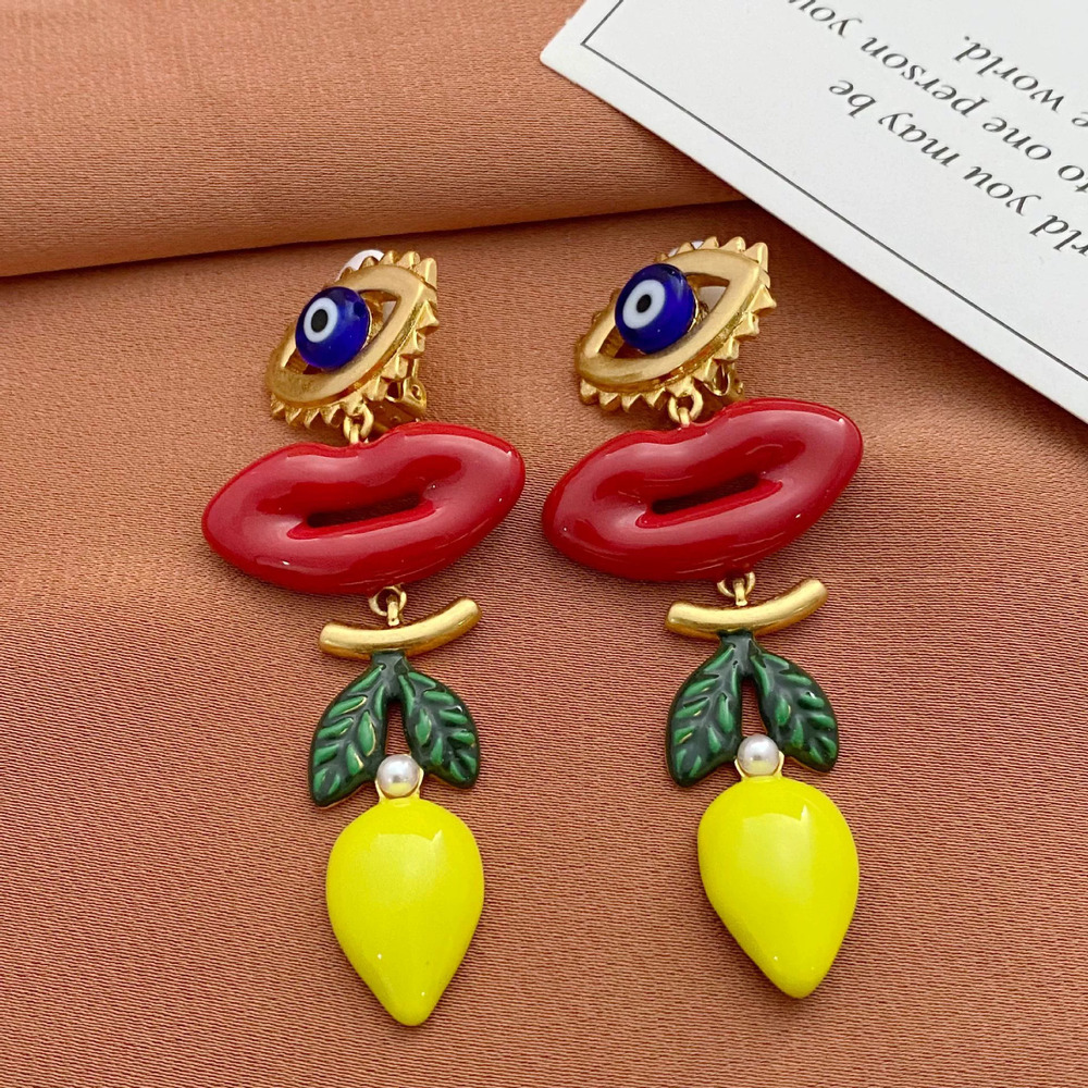 Tory Burch Enamel Painted Eye Big Mouth Lemon Long Drop Earrings Ear Clips